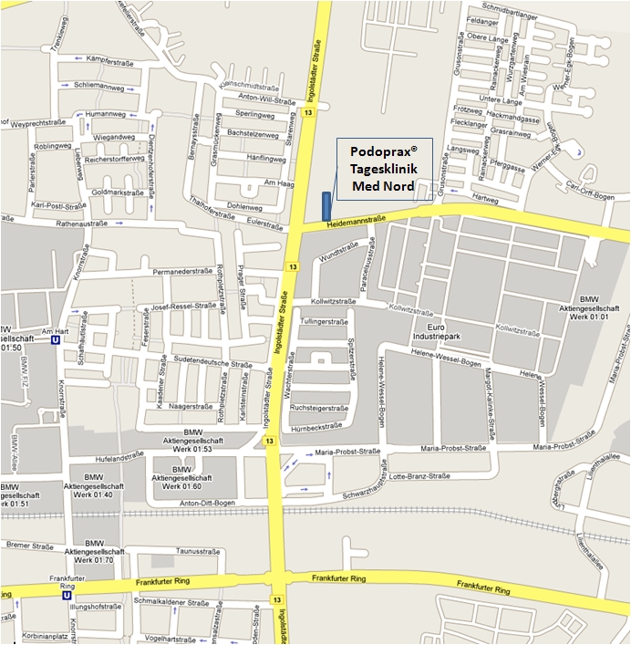 Lageplan: PODOPRAX in der Tagesklinik Med Nord, Heidemannstr. 5b, München